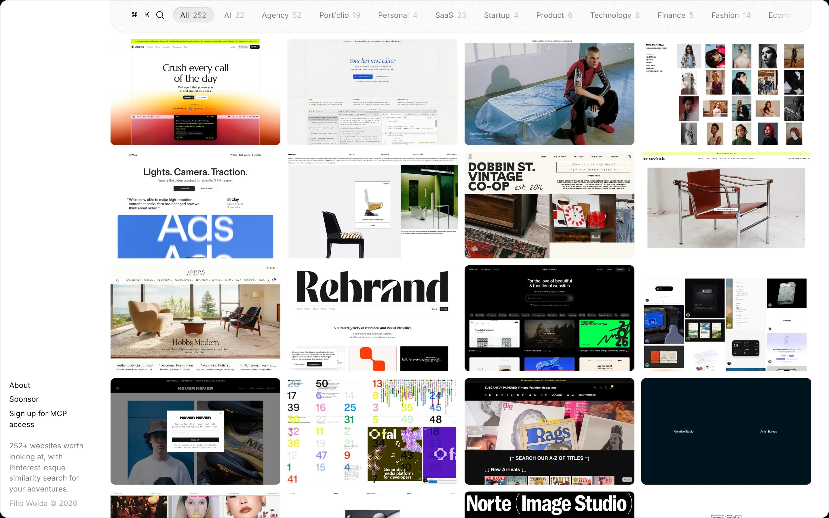 regards.design home page: a grid of website screenshots under a search dock of categories