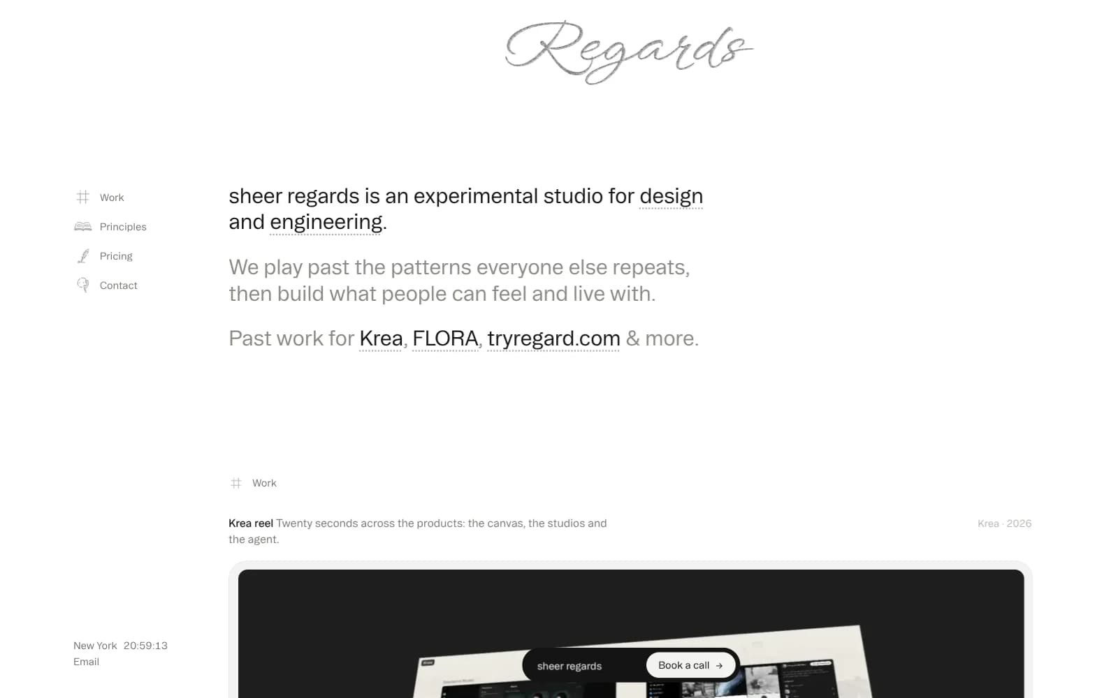 sheer regards studio site: “Regards” signed in smoked glass over the opening lines